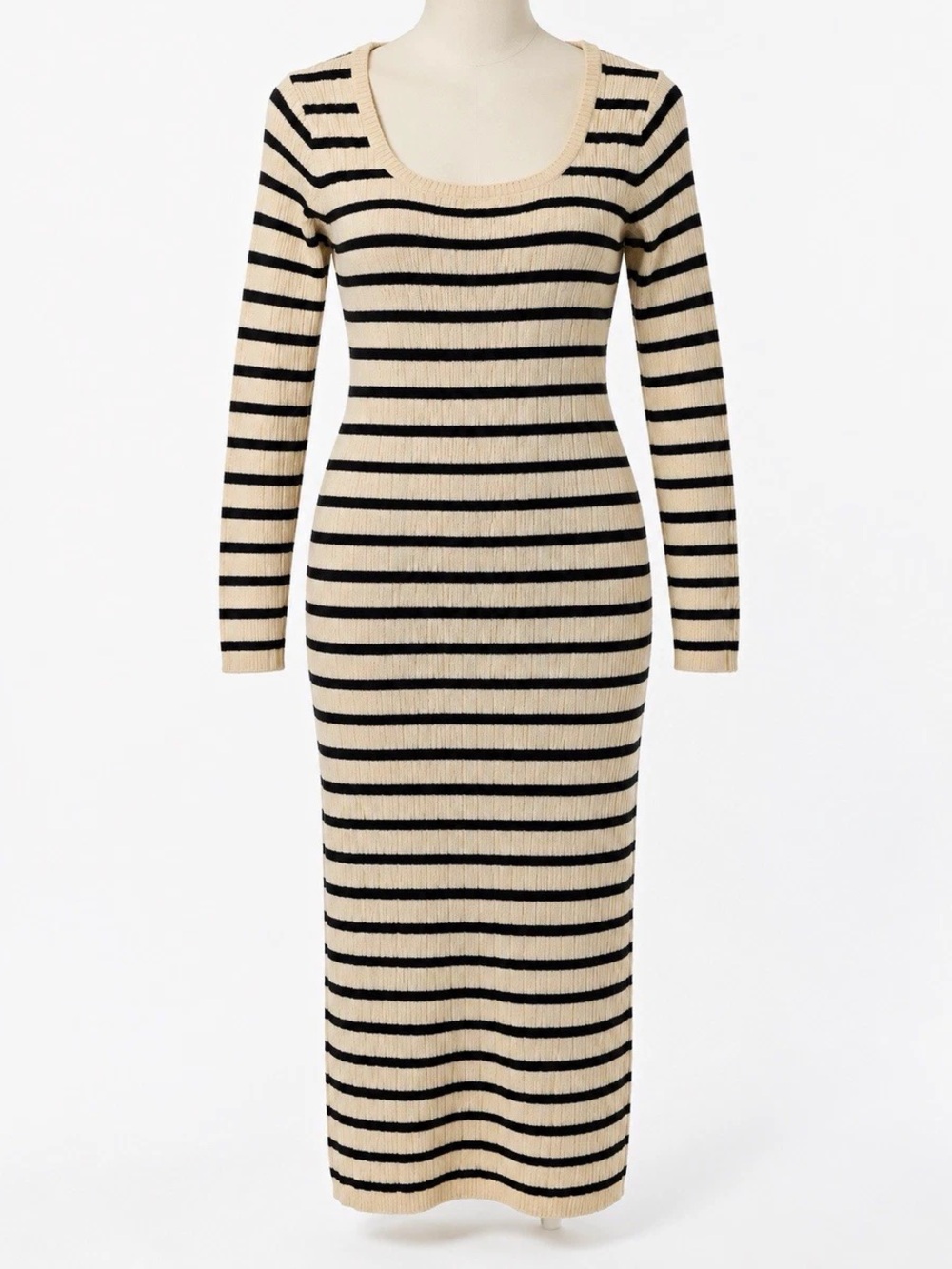 Striped Scoop-Neck Knit Midi Dress - Black & Cream New Cotton blend